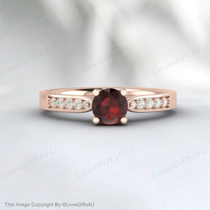 Round Garnet Engagement Ring Wedding Ring Solitaire Bridal Gift