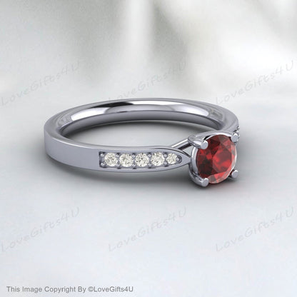 Round Garnet Engagement Ring Wedding Ring Solitaire Bridal Gift