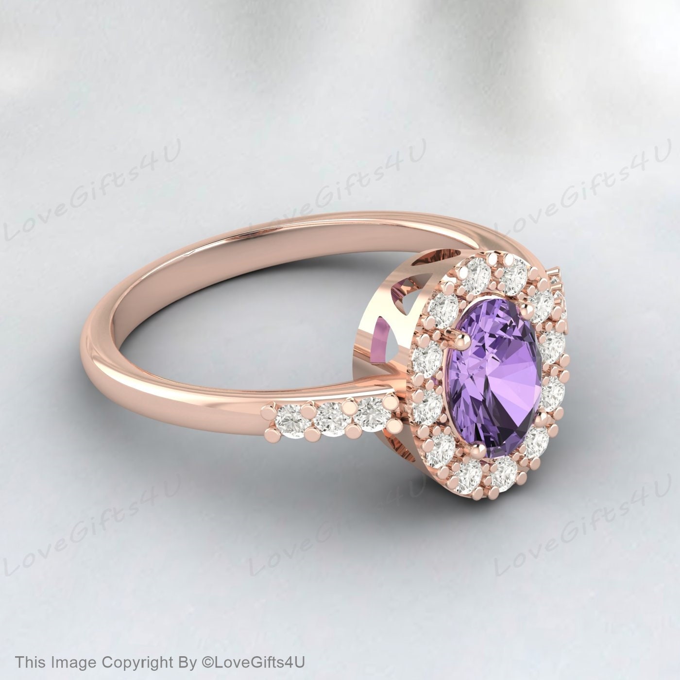 Purple Amethyst Engagement Ring Vintage Rose Gold Oval Halo Engagement Ring Unique Simulated Diamond Wedding Ring Anniversary Ring Promise