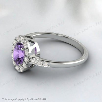 Purple Amethyst Engagement Ring Vintage Rose Gold Oval Halo Engagement Ring Unique Simulated Diamond Wedding Ring Anniversary Ring Promise