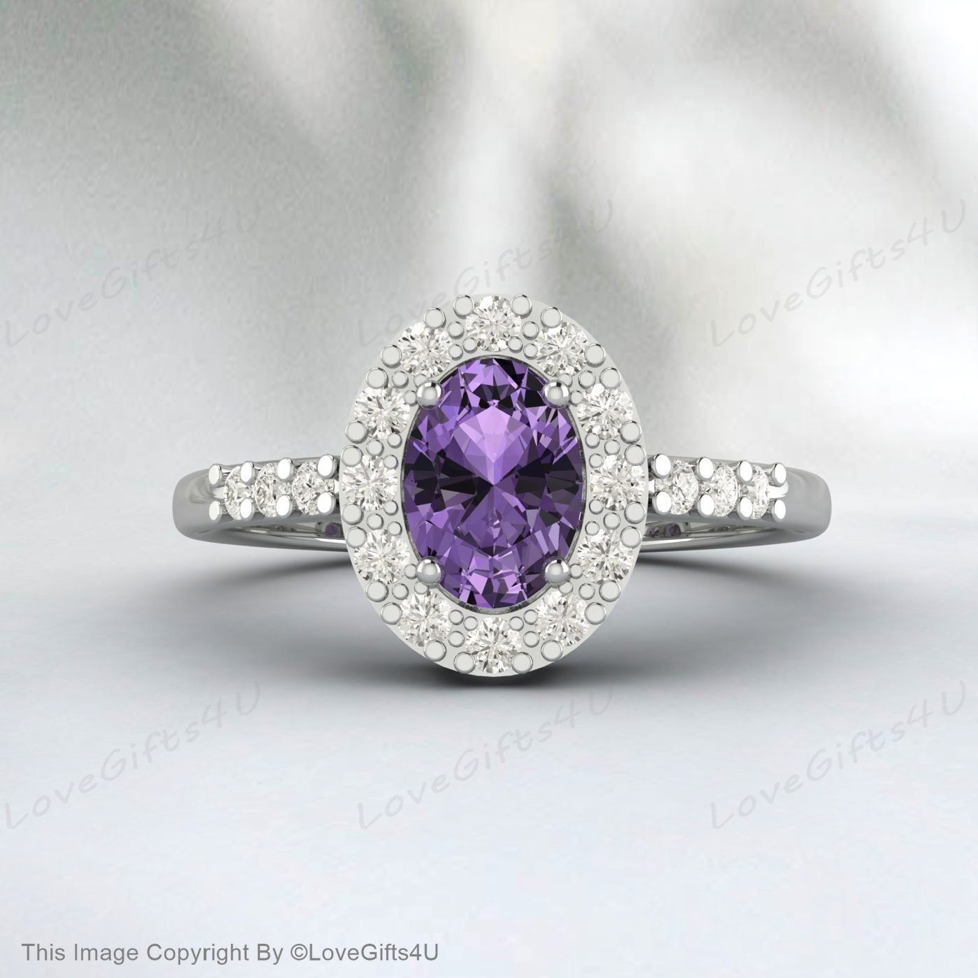 Purple Amethyst Engagement Ring Vintage Rose Gold Oval Halo Engagement Ring Unique Simulated Diamond Wedding Ring Anniversary Ring Promise