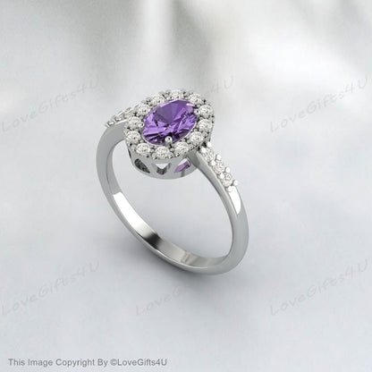 Purple Amethyst Engagement Ring Vintage Rose Gold Oval Halo Engagement Ring Unique Simulated Diamond Wedding Ring Anniversary Ring Promise