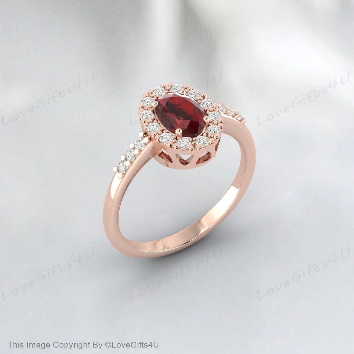 Oval Shape Red Garnet Moissanite Halo Art Deco Engagement Ring