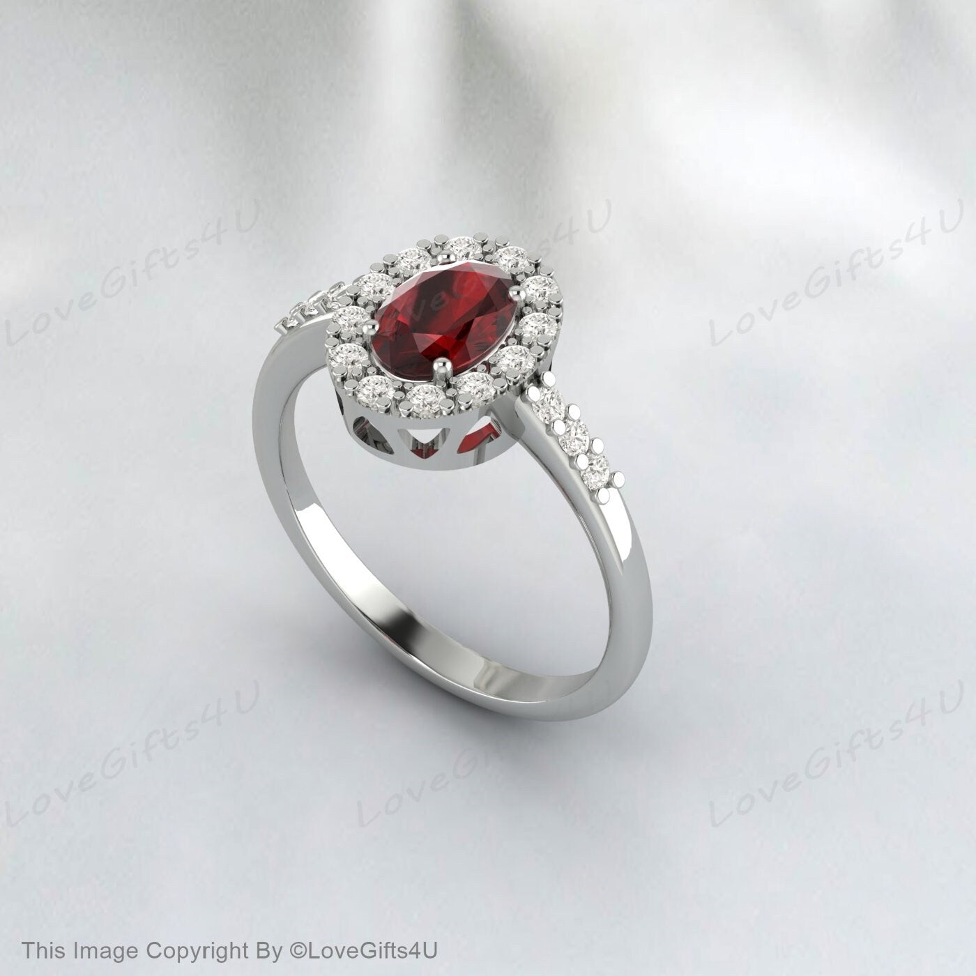 Oval Shape Red Garnet Moissanite Halo Art Deco Engagement Ring