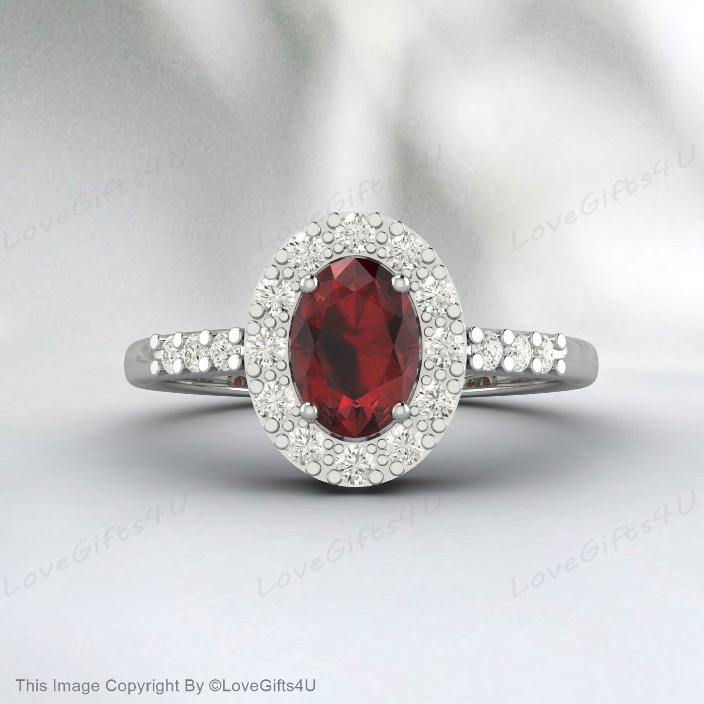 Oval Shape Red Garnet Moissanite Halo Art Deco Engagement Ring