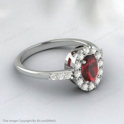 Oval Shape Red Garnet Moissanite Halo Art Deco Engagement Ring