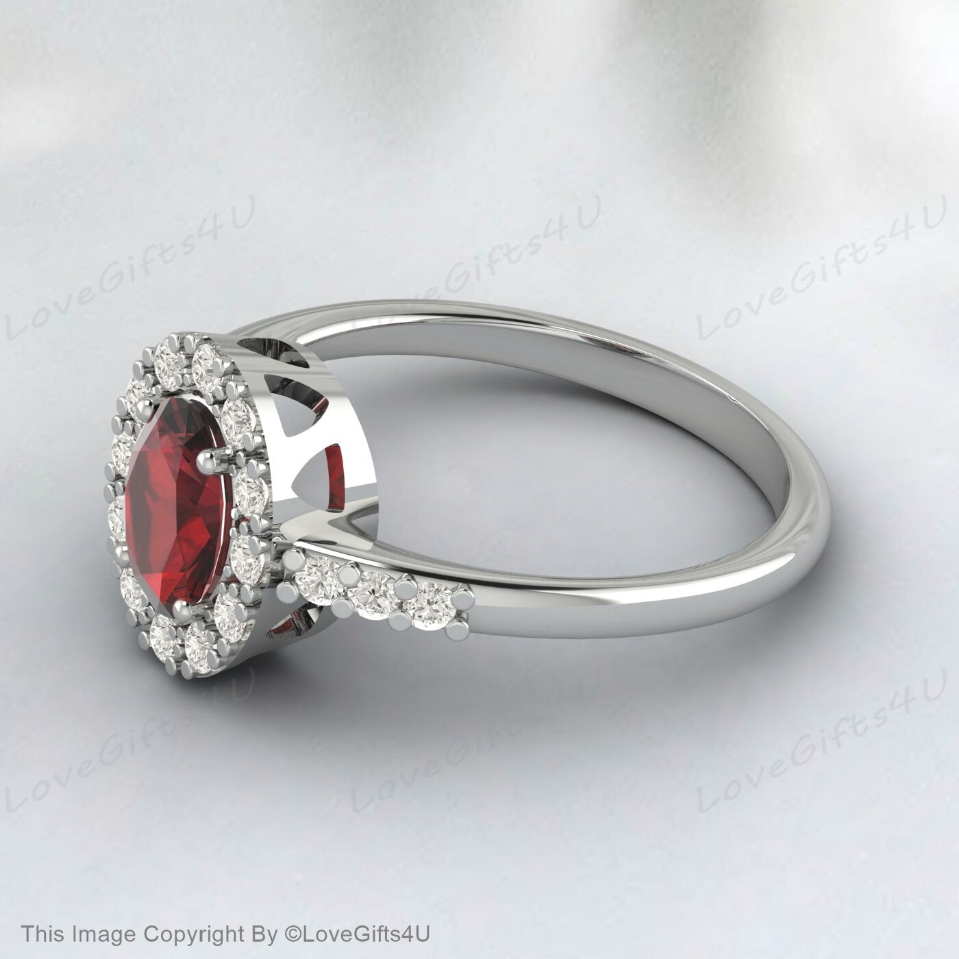 Oval Shape Red Garnet Moissanite Halo Art Deco Engagement Ring