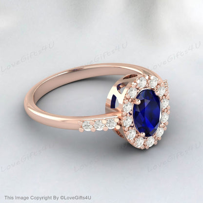 Oval Cut Lab Sapphire Engagement Ring Diamond Vintage Wedding Ring