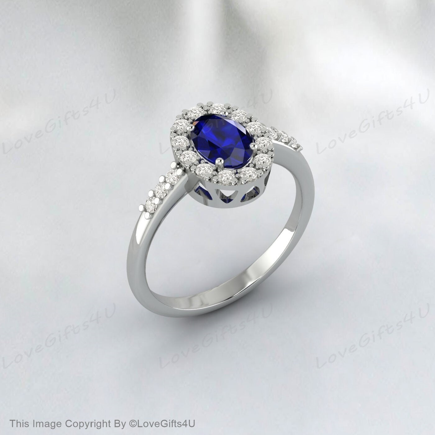 Oval Cut Lab Sapphire Engagement Ring Diamond Vintage Wedding Ring