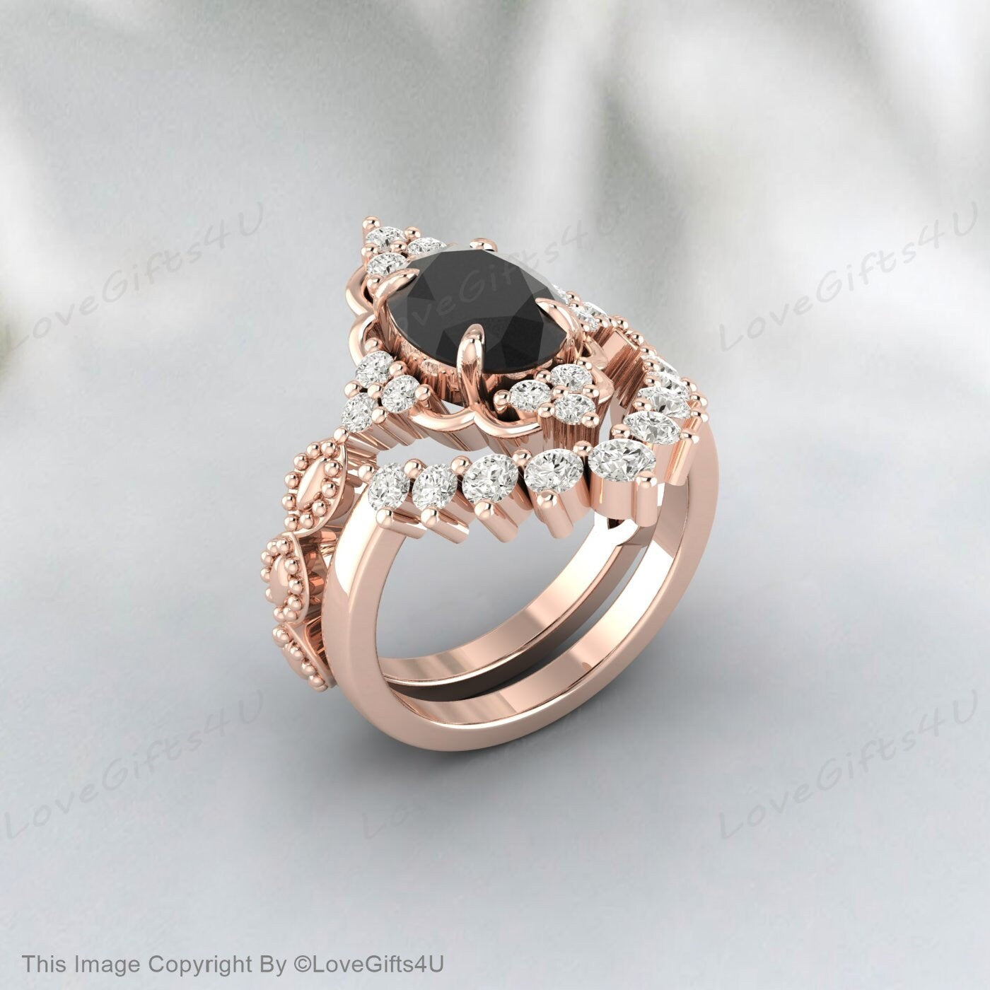 Black Onyx Wedding Ring Set Flower Ring Gift For Her Proposal Ring