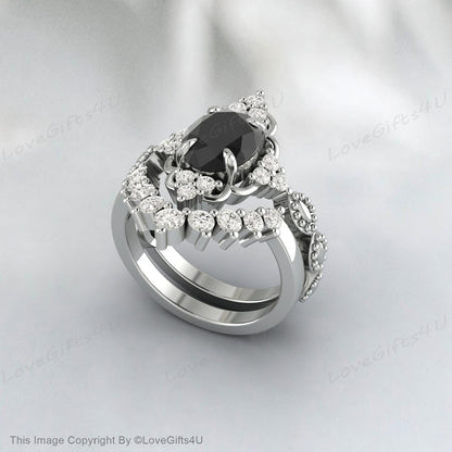 Black Onyx Wedding Ring Set Flower Ring Gift For Her Proposal Ring