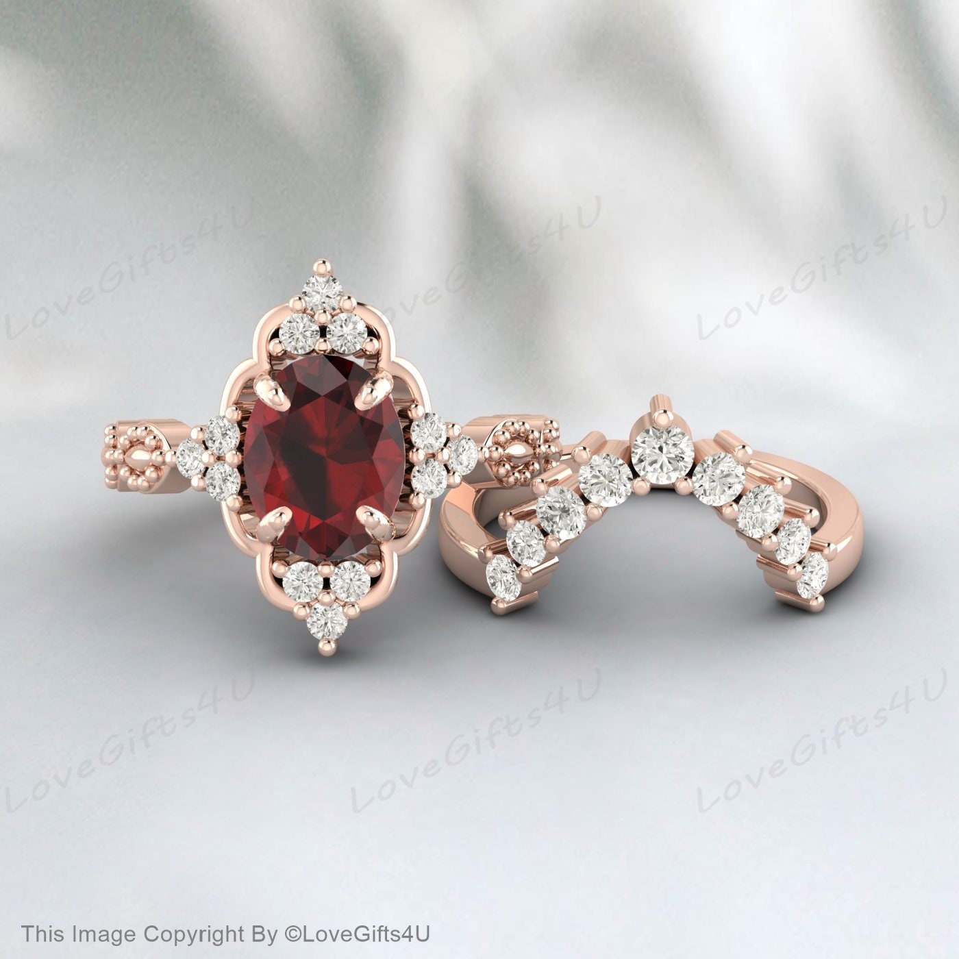 Oval Shape Garnet Silver Ring Set Red Stone Ring Set Gift For Wife