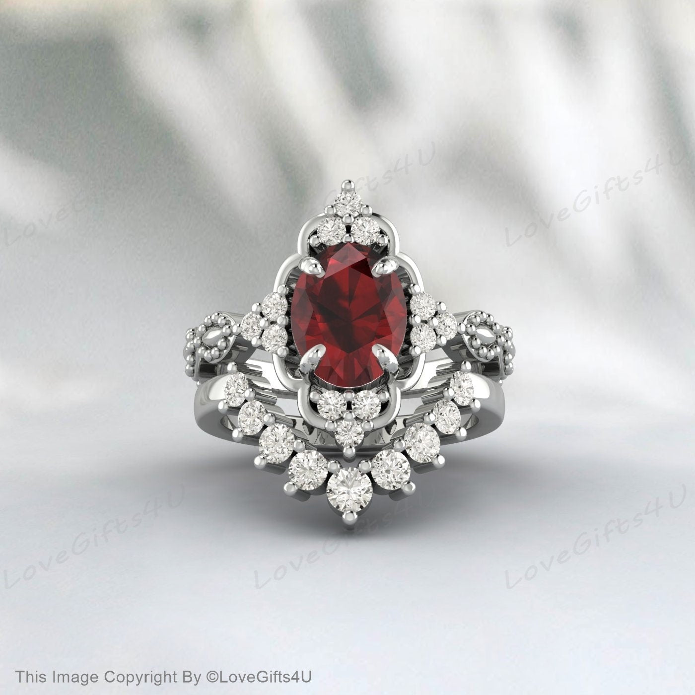 Oval Shape Garnet Silver Ring Set Red Stone Ring Set Gift For Wife