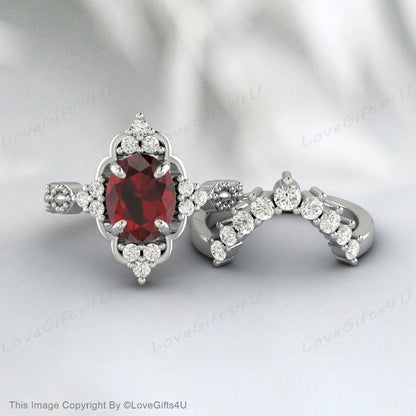 Oval Shape Garnet Silver Ring Set Red Stone Ring Set Gift For Wife