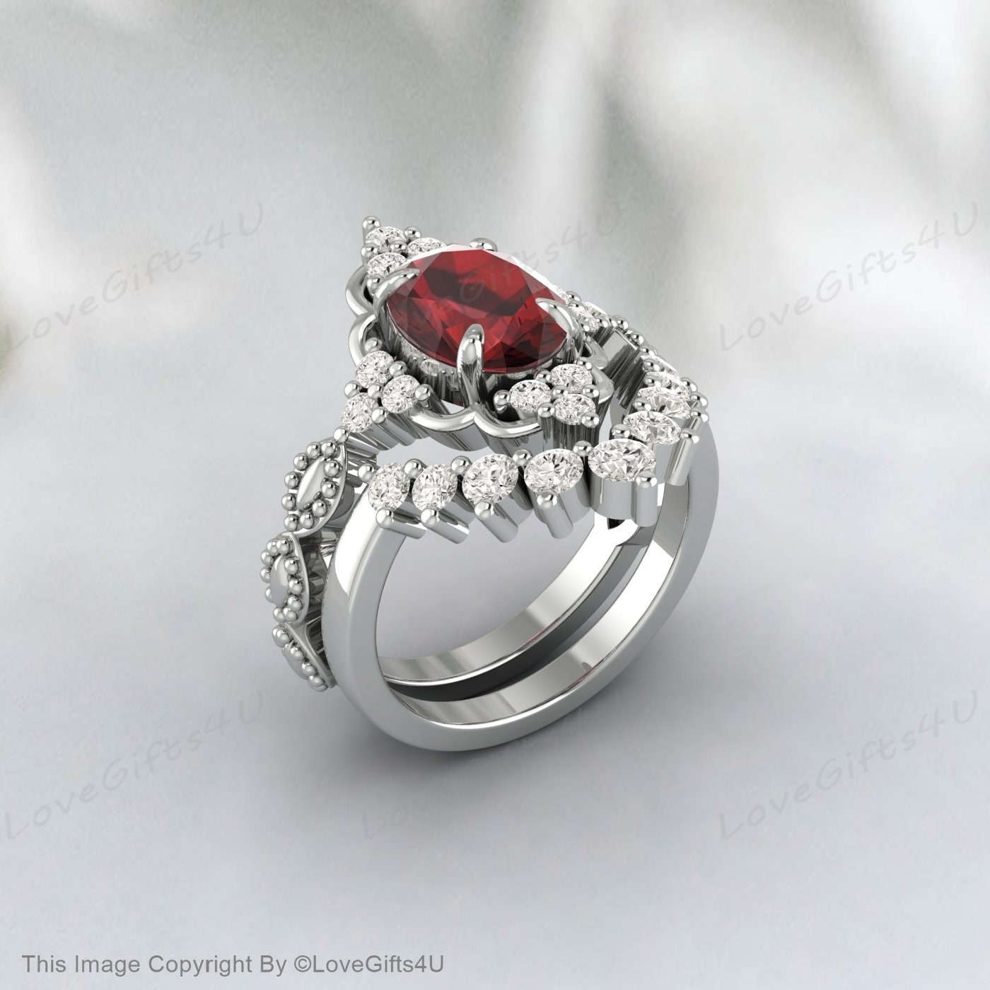 Oval Shape Garnet Silver Ring Set Red Stone Ring Set Gift For Wife