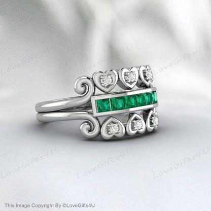 Princess Cut Emerald Wedding Ring Unique Wedding Band For Her Women