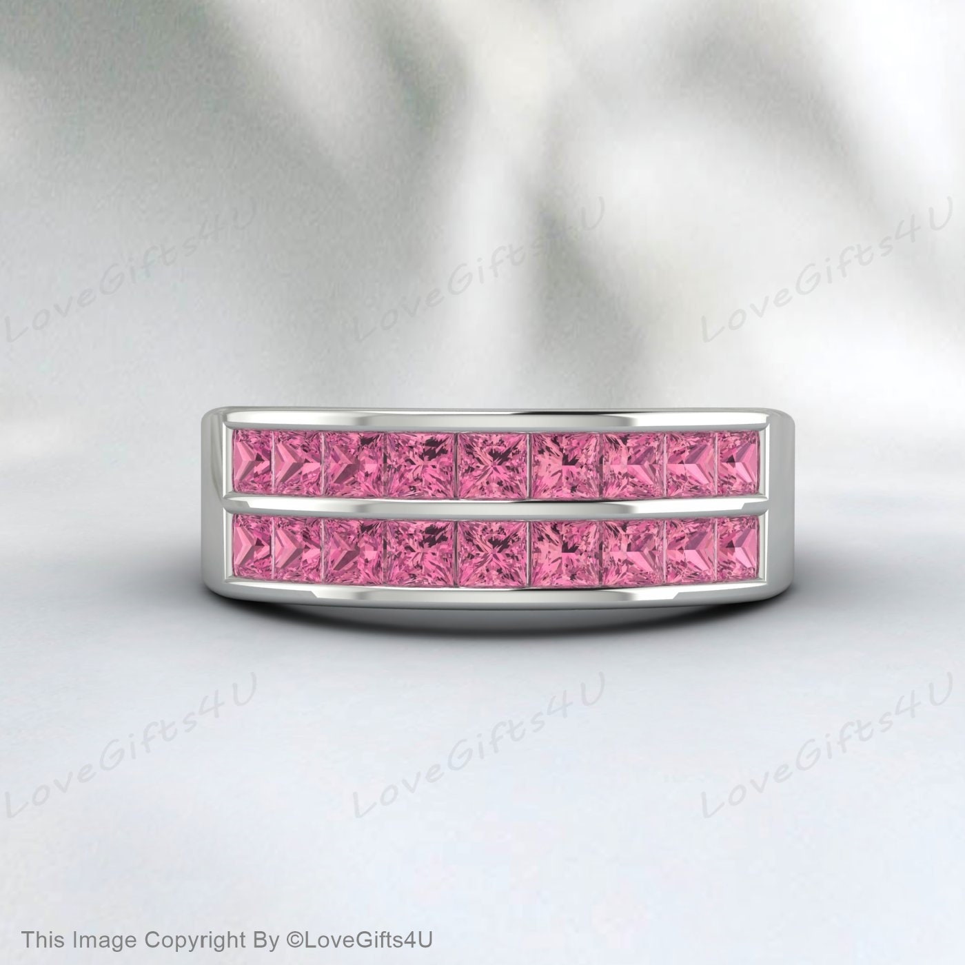 Alliance en tourmaline rose taille princesse, bande de fiançailles à deux rangées