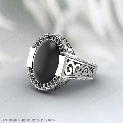 Black Onyx Men Ring Ottoman Style Embroidered Ring Gift For Him