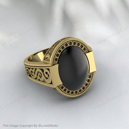 Black Onyx Men Ring Ottoman Style Embroidered Ring Gift For Him