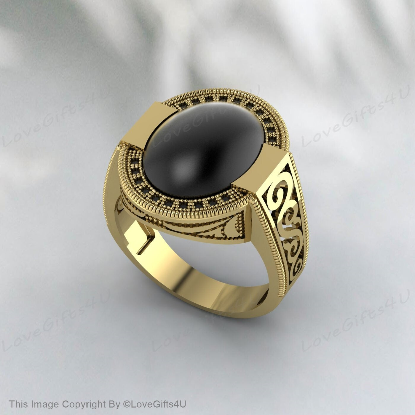 Black Onyx Men Ring Ottoman Style Embroidered Ring Gift For Him