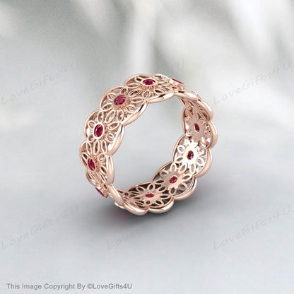 Bague d'éternité rubis rouge, bague en dentelle rubis, bague de mariage fleur rubis