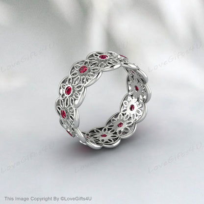 Bague d'éternité rubis rouge, bague en dentelle rubis, bague de mariage fleur rubis