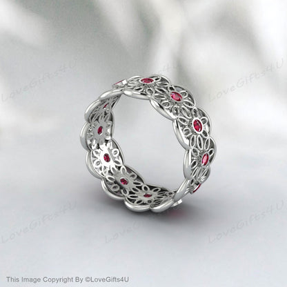 Bague d'éternité rubis rouge, bague en dentelle rubis, bague de mariage fleur rubis