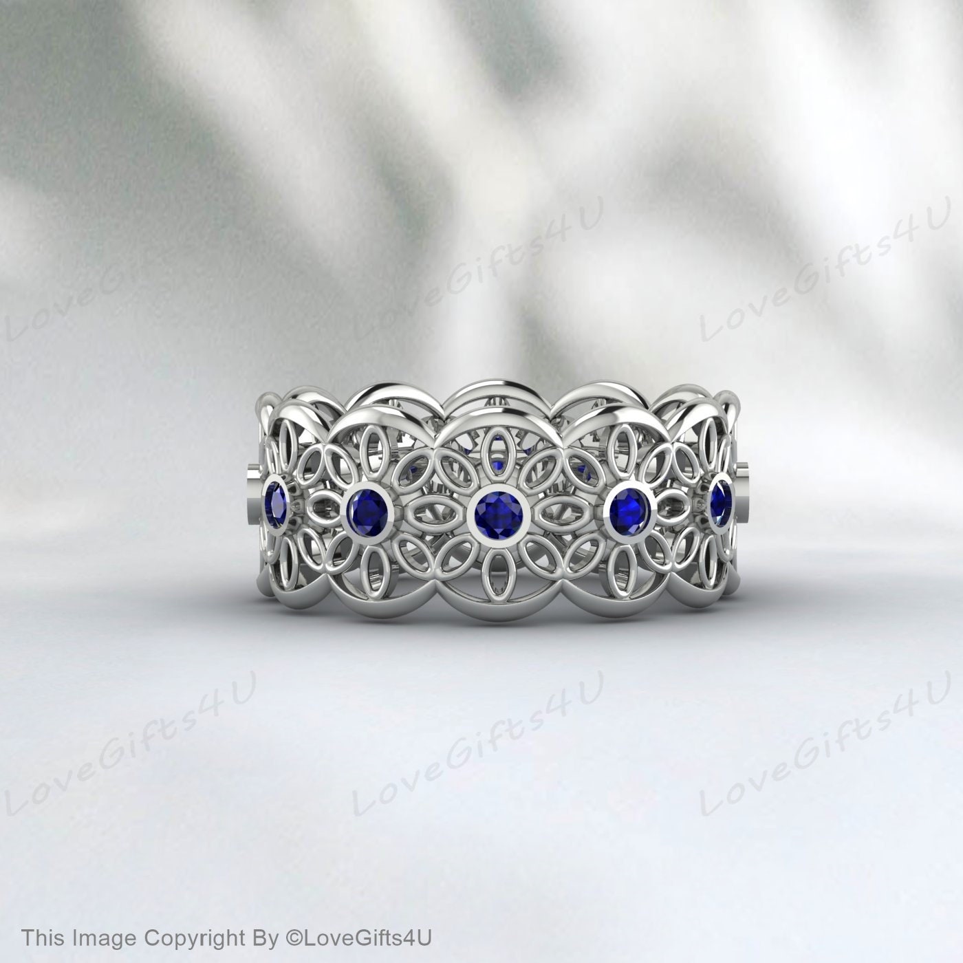 Sapphire Daisy Flower Wedding Band Silver Unique Engagement Ring