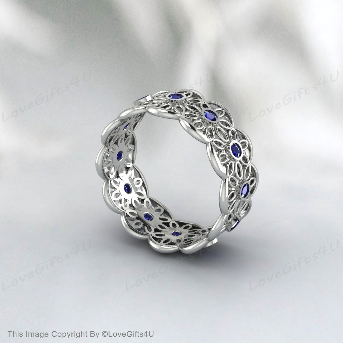 Sapphire Daisy Flower Wedding Band Silver Unique Engagement Ring