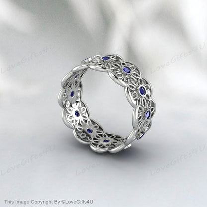 Bague de fiançailles unique en argent avec fleur de marguerite et saphir