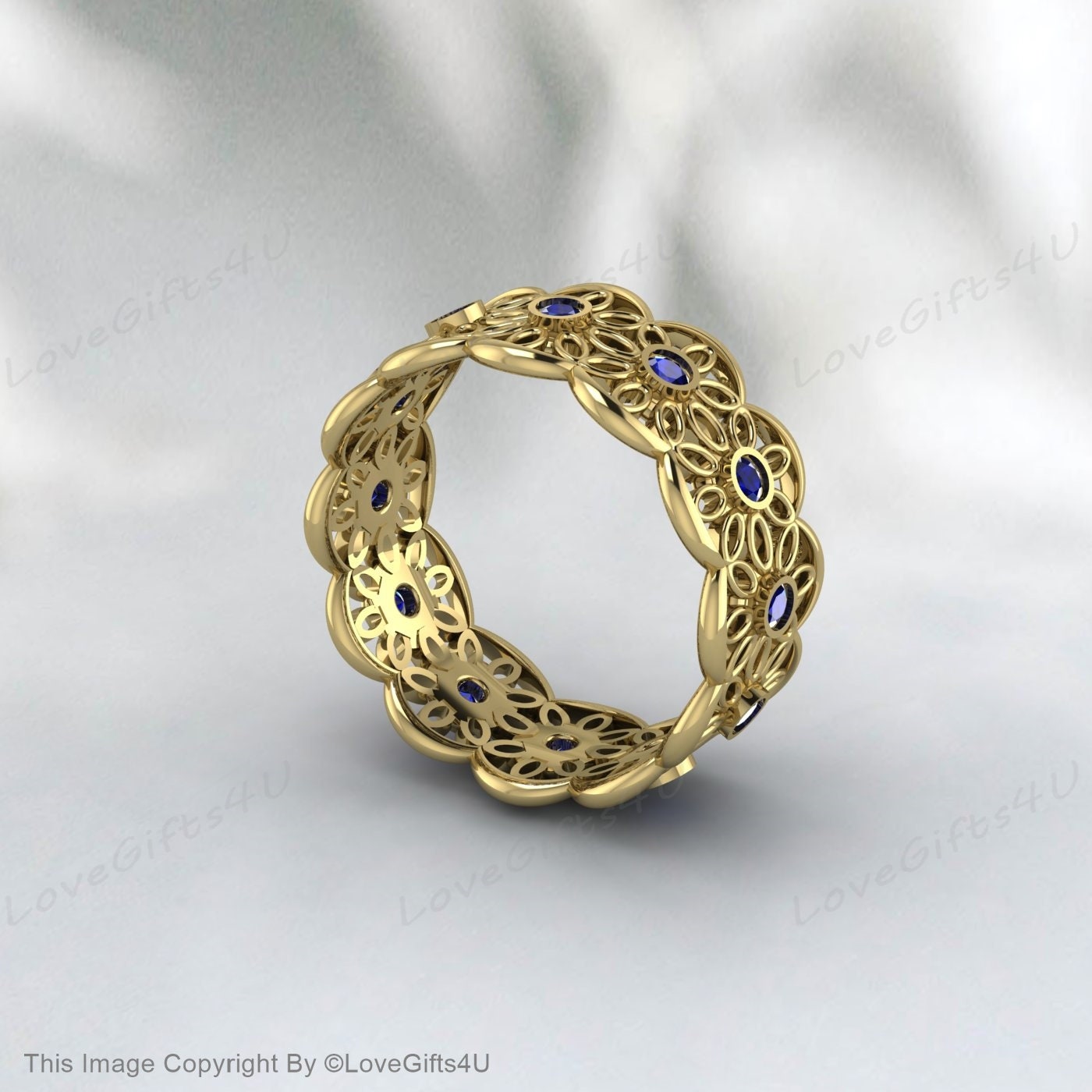 Sapphire Daisy Flower Wedding Band Silver Unique Engagement Ring