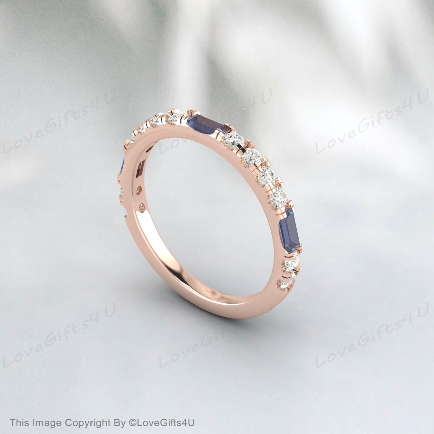 Baguette Alexandrite Ring White Gold Diamond Ring Half Eternity Band