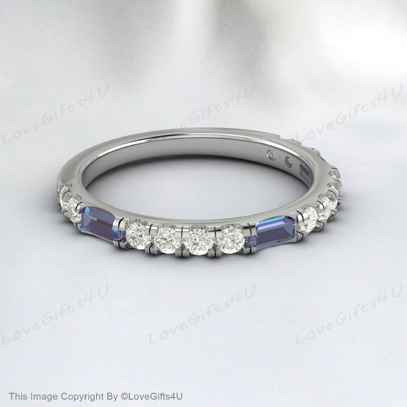 Baguette Alexandrite Ring White Gold Diamond Ring Half Eternity Band