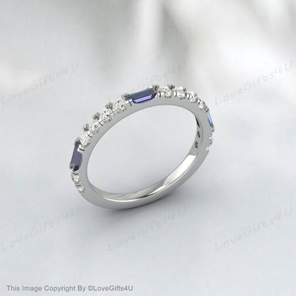 Baguette Alexandrite Ring White Gold Diamond Ring Half Eternity Band