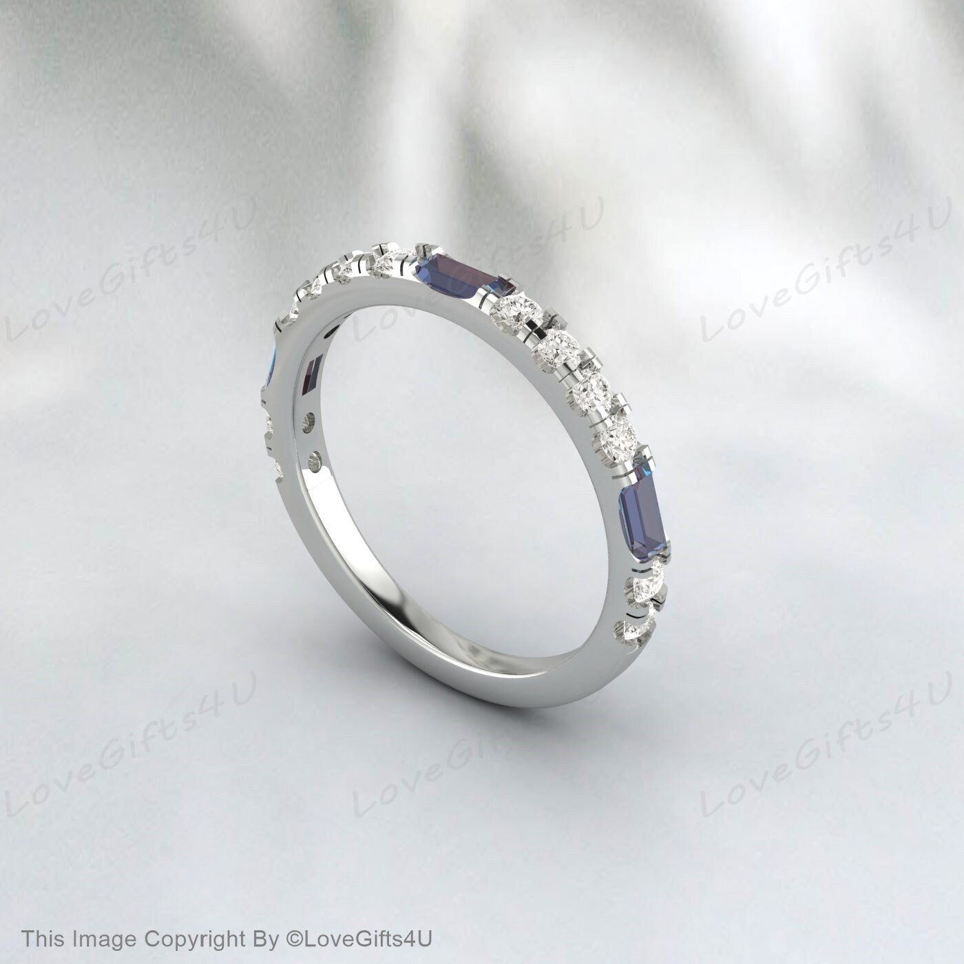 Baguette Alexandrite Ring White Gold Diamond Ring Half Eternity Band