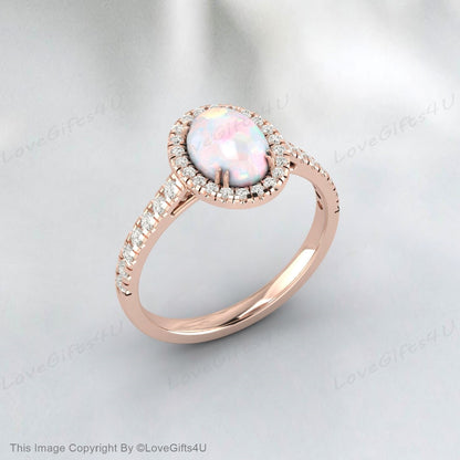 Dainty White Opal Engagement Ring Rose Gold Vintage Moissanite Ring