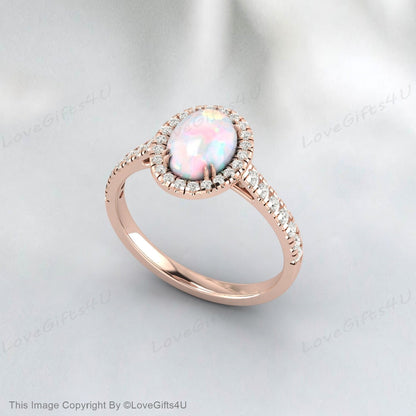 Dainty White Opal Engagement Ring Rose Gold Vintage Moissanite Ring