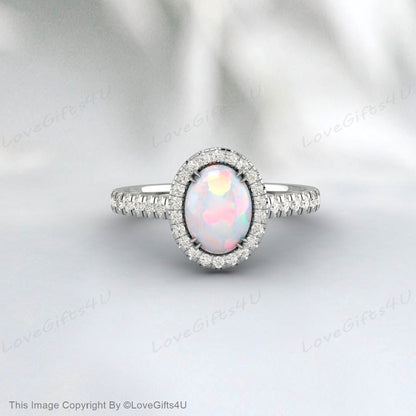 Dainty White Opal Engagement Ring Rose Gold Vintage Moissanite Ring