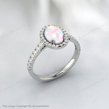 Dainty White Opal Engagement Ring Rose Gold Vintage Moissanite Ring