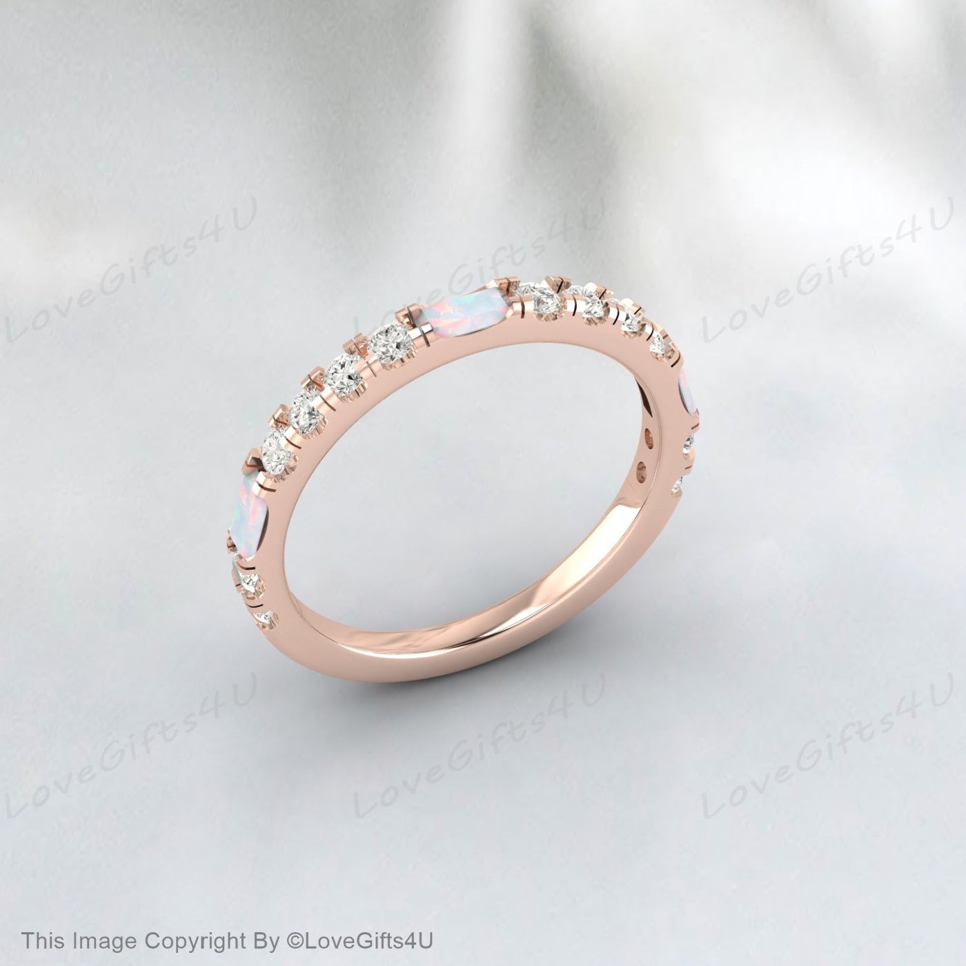 Baguette Opal Diamond Wedding Band For Women October Birthstone Rings