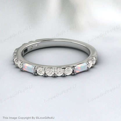 Baguette Opal Diamond Wedding Band For Women October Birthstone Rings