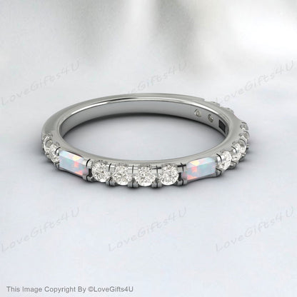 Baguette Opal Diamond Wedding Band For Women October Birthstone Rings