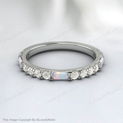 Baguette Opal Diamond Wedding Band For Women October Birthstone Rings