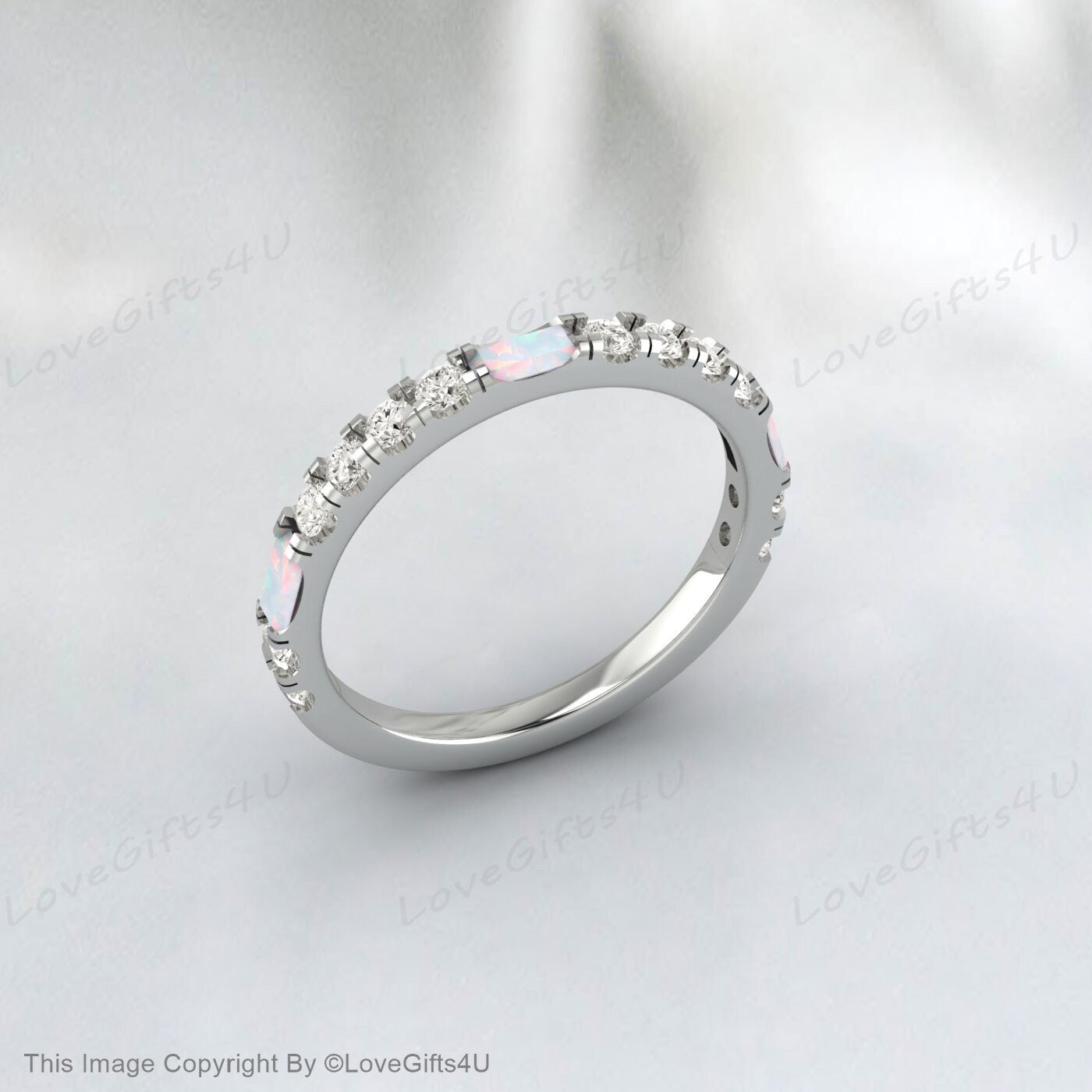 Baguette Opal Diamond Wedding Band For Women October Birthstone Rings