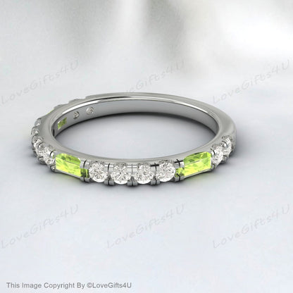 Baguette Tiny Peridot Ring Diamond Band Stacking Ring Mother's Ring