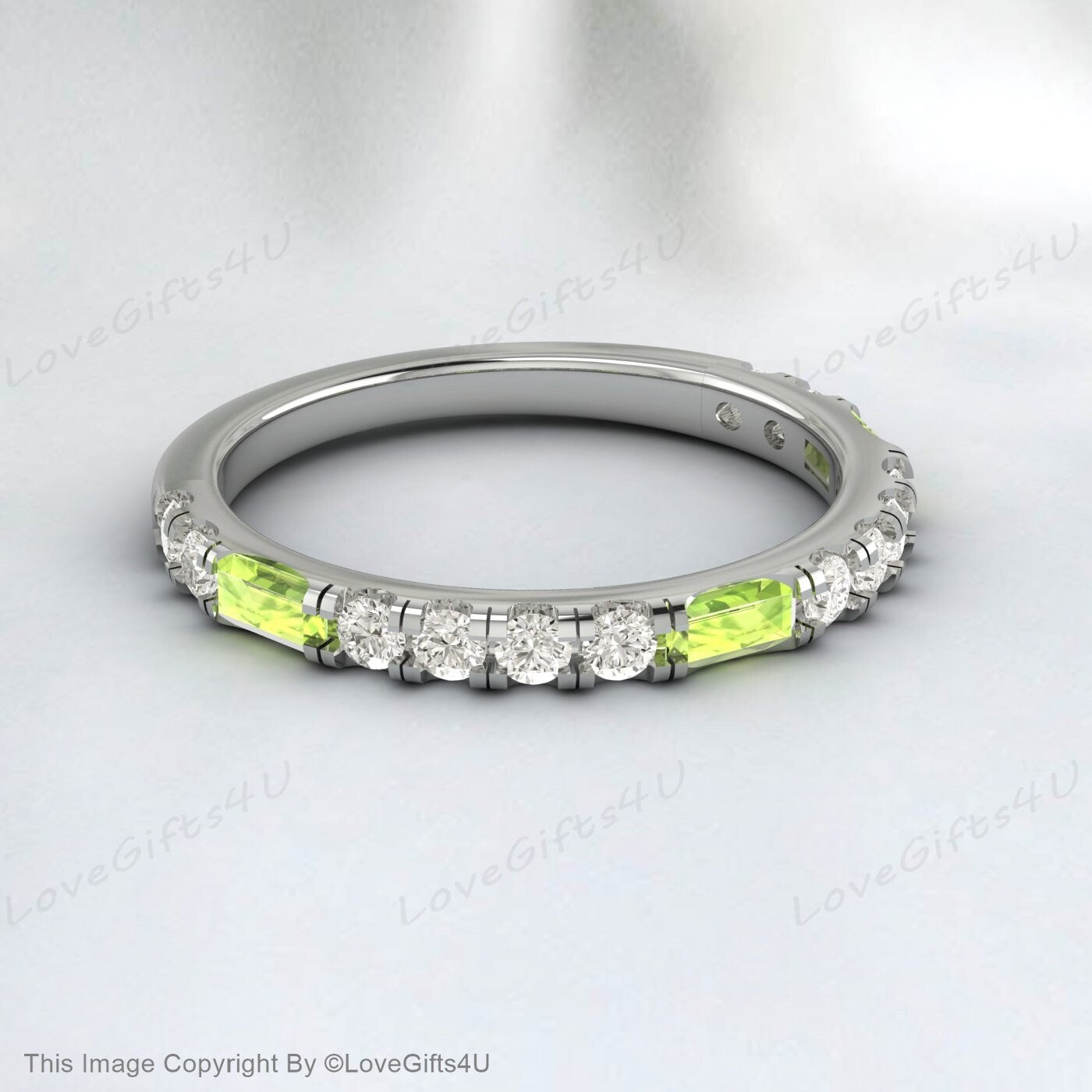 Baguette Tiny Peridot Ring Diamond Band Stacking Ring Mother's Ring