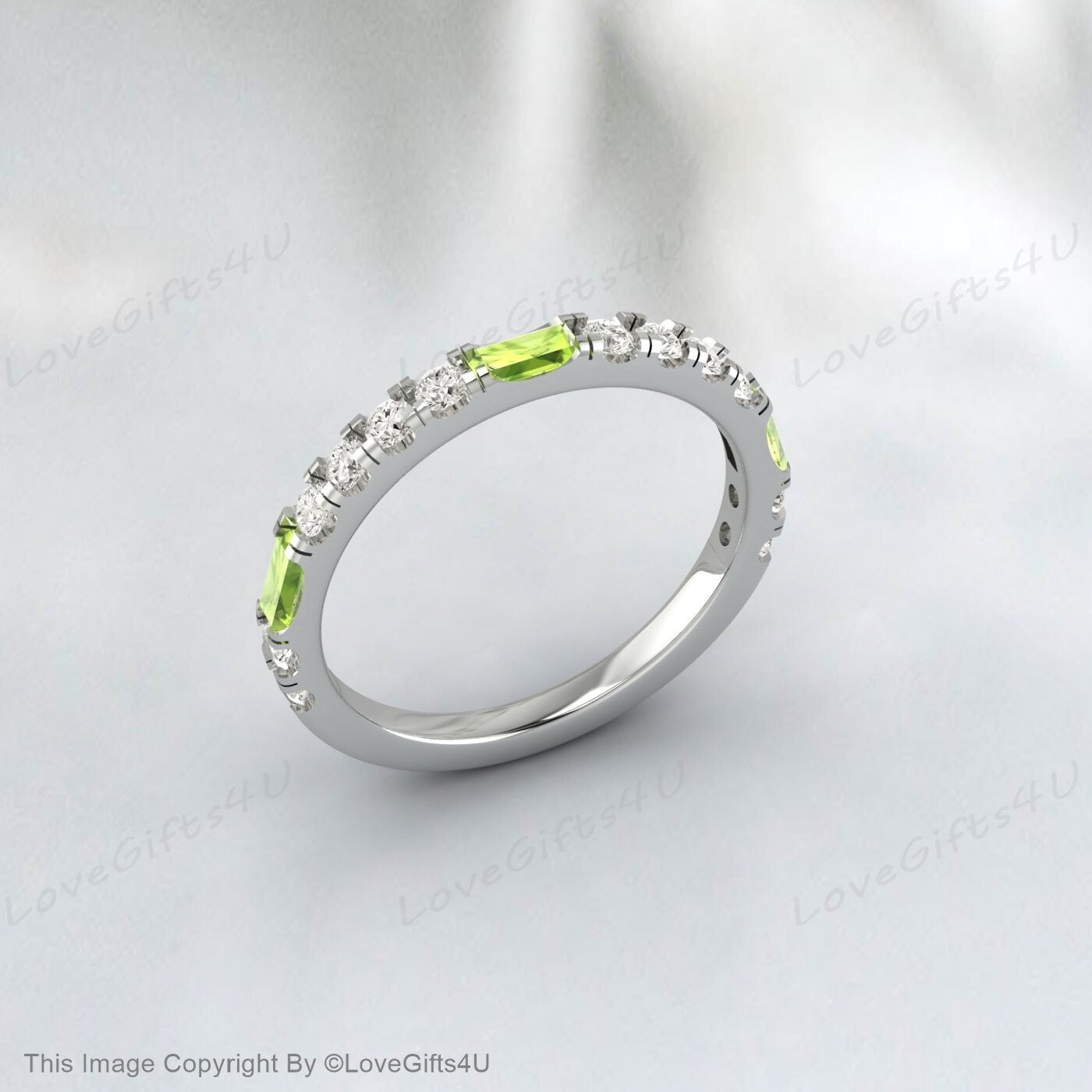 Baguette Tiny Peridot Ring Diamond Band Stacking Ring Mother's Ring