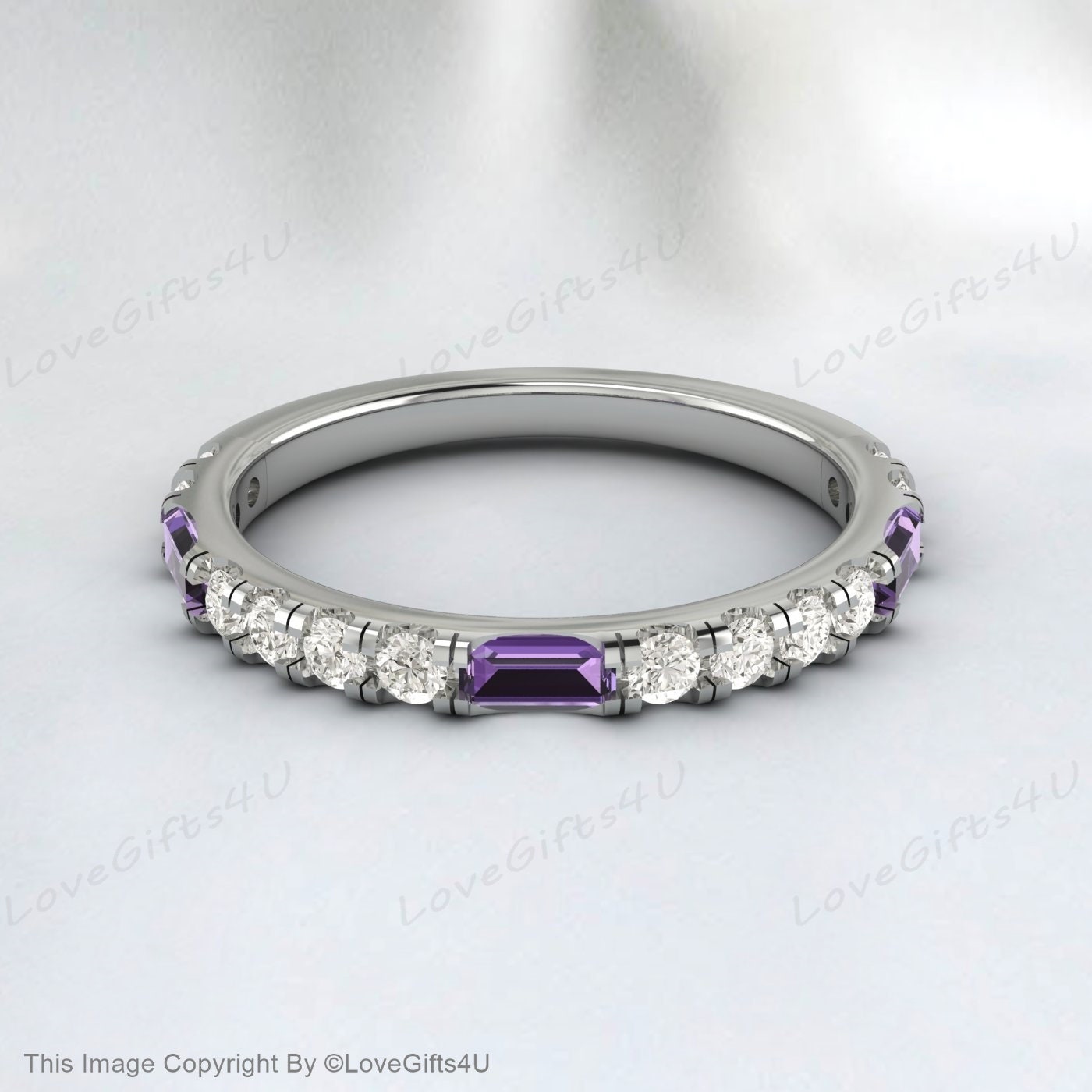 Baguette Amethyst Diamond Rose Gold Ring Half Eternity Wedding Band