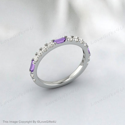 Baguette Amethyst Diamond Rose Gold Ring Half Eternity Wedding Band