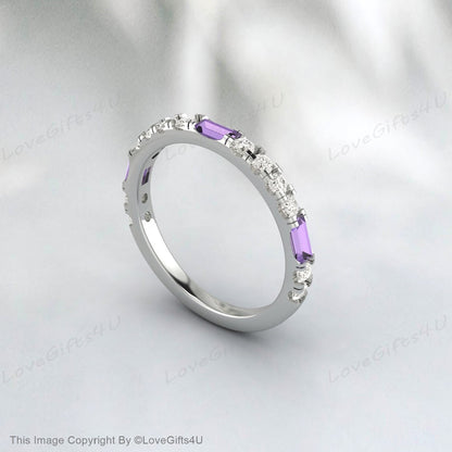 Baguette Amethyst Diamond Rose Gold Ring Half Eternity Wedding Band